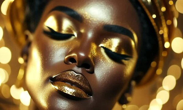 Close-up of a young African American woman with high-gloss gold exotic makeup, glitter, embodying afrofuturism and luxury premium style, set against a sparkling golden and dark brown backdrop.
