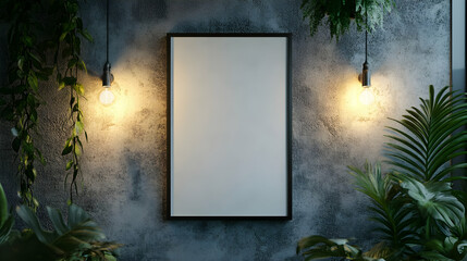A minimalist wall with a blank frame, surrounded by plants and warm light fixtures.