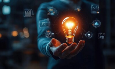 Businessman holding a light bulb icon representing insight innovation and creative ideas in a corporate world