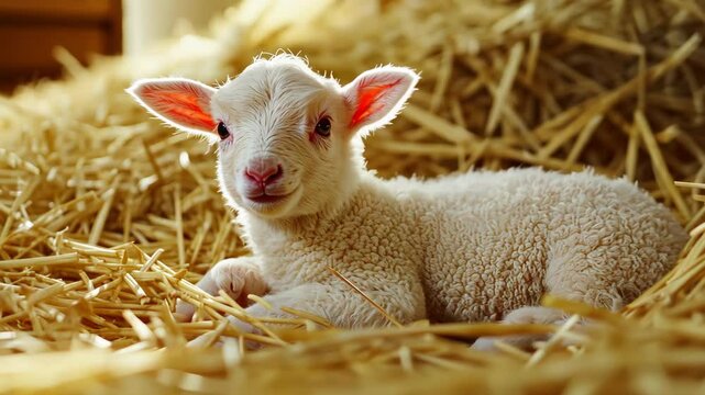 Cute baby lamb resting on straw in a cozy farm setting during bright daylight