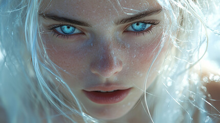 Frozen, closeup portrait of a young woman in winter cold weather.