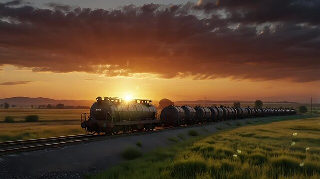Diesel fuel oil tanks locomotive train cars. Seamless 4K looping timelapse video animation background