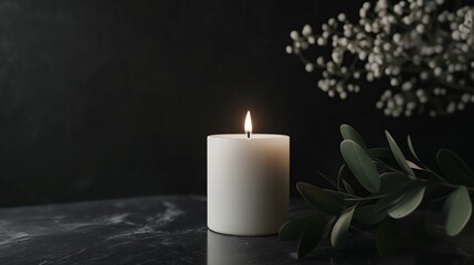 Softly flickering candle on a dark surface surrounded by greenery creates a calming atmosphere