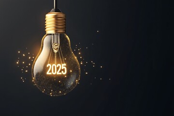 Light bulb symbolizes new beginnings and hopes for the year 2025 with a sparkling glow and festive ambiance