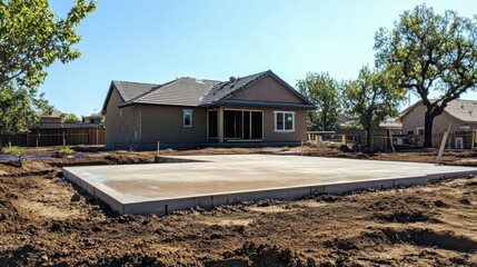 A newly constructed home with a concrete foundation in a residential area.