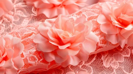 Close-up of delicate coral lace fabric with 3D rose appliqu?s.