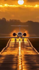 A private jet on a runway at sunset, reflecting golden hues.