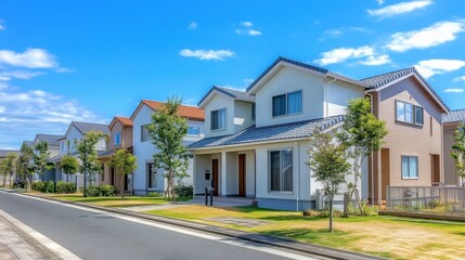 [Residential neighborhoods with similar houses.] Suburban Residential Development with Multi-Story Houses and Street Access.