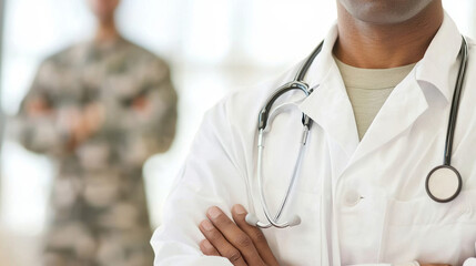 Military Doctor with Stethoscope and Army Personnel in Background Healthcare Support in Armed Forces