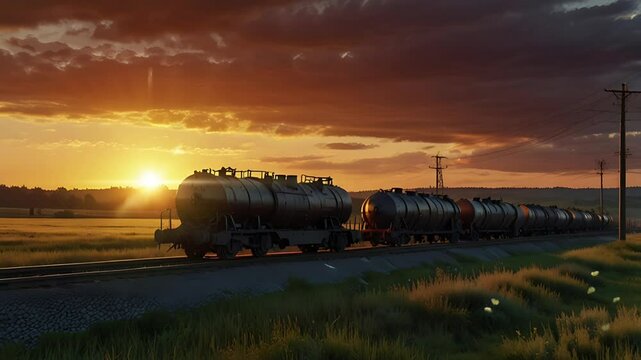 Diesel fuel oil tanks locomotive train cars. Seamless 4K looping timelapse video animation background