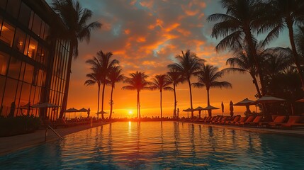 An elegant swimming pool surrounded by palm trees at sunset, with loungers and umbrellas poolside