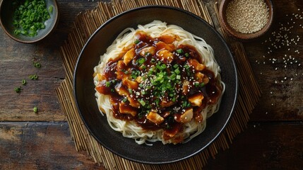 a white goose plate of Korean jjajangmyeon on a bamboo mat against a rustic wooden table. 
