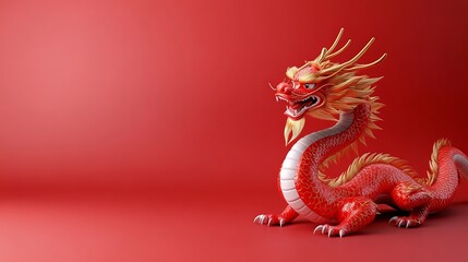 Fototapeta premium Colorful Chinese Dragon Model on Empty Red Background