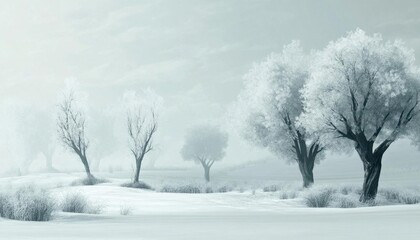 A serene winter landscape with frosted trees and soft snow.