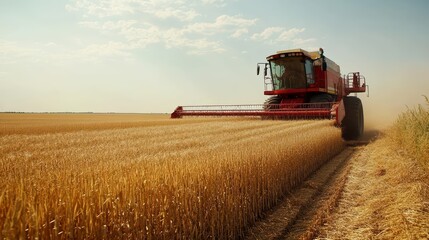 Obraz premium A combine harvester working in a golden wheat field under a blue sky.