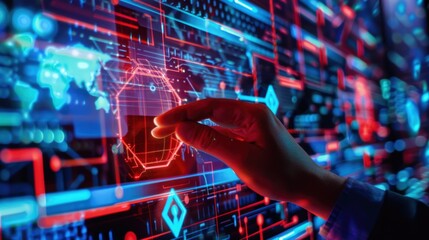 A hand interacting with a digital interface showcasing data visualization.