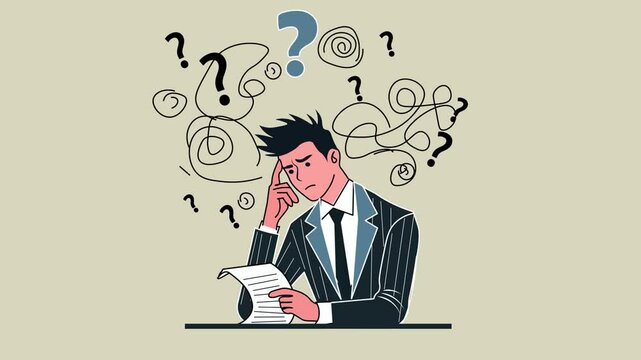 Young Businessman think in a perplexed problem with complicated solution symbol cartoon animation. Mind Confusion , Question mark and unclear thinking .