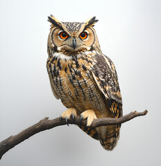 Naklejka premium an owl sitting on a branch, against a white background. The full body of the owl is visible, including its head and feet. The owl has orange eyes and its feathers are brown with black markings.
