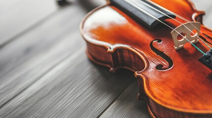 A violin bow close-up, resting across the strings of an old violin, soft studio lighting with detailed textures, 