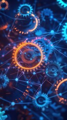 Obraz premium Abstract illustration of interconnected gears and circuitry in blue and orange.