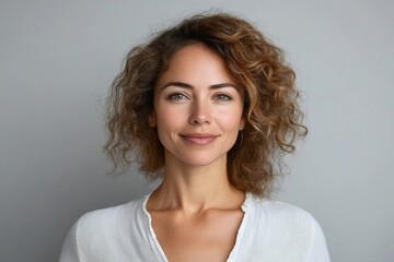 portrait of curly haired middle aged smiling woman on grey background