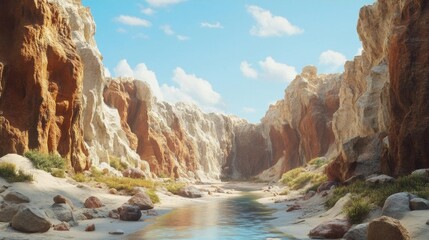 A serene canyon landscape with a winding river and vibrant rock formations.