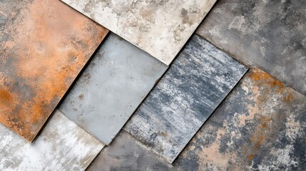 A collection of textured metal sheets in various colors and finishes.