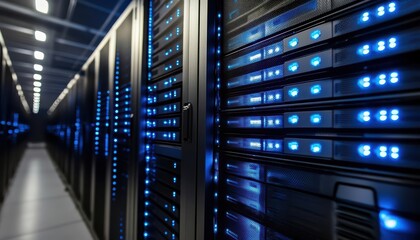 Obraz premium A data center with rows of servers illuminated by blue lights.