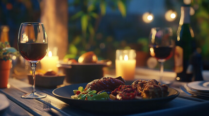 Dinner celebration with delicious food and wine in a cozy outdoor setting at night