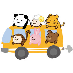 オレンジのバスに乗ったてんこ盛りの動物