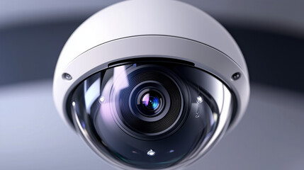 Close-up of a security camera lens from the front. Surveillance, monitoring, control and protection, private area, home, office security.