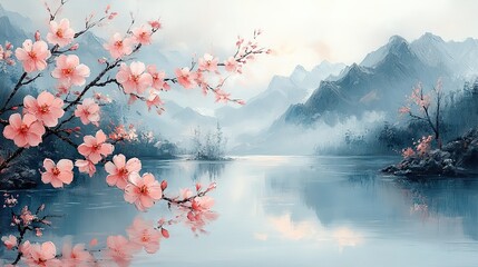 An oil painting of flowers on a lake, resembling cherry blossoms in soft hues