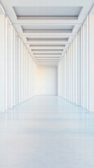 Obraz premium A minimalist corridor with white walls and ceilings, featuring vertical columns and a polished floor, creating a sense of spaciousness and tranquility.