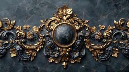 An ornate black and gold background is accented with delicate square borders