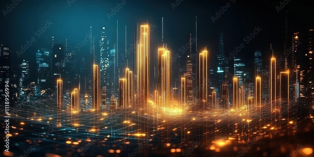 Poster Futuristic Business Data Visualization with Glowing Bar Graphs and Dynamic Line Charts in Cyberpunk Style