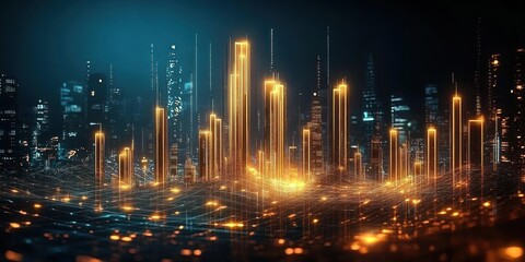 Obraz premium Futuristic Business Data Visualization with Glowing Bar Graphs and Dynamic Line Charts in Cyberpunk Style