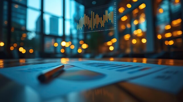 An out-of-focus office desk has graphs and charts floating above, suggesting data analysis