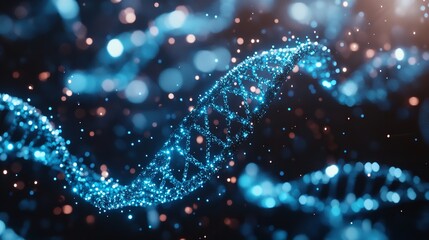 Abstract DNA Structure Glowing Lines and Dots Dark Blue Background.