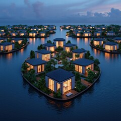 Fototapeta premium A serene aerial view of modern floating houses surrounded by tranquil water, showcasing a harmonious blend of architecture and nature at dusk.
