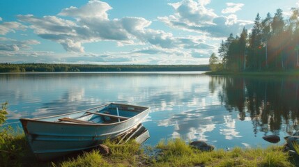 Fototapeta premium A serene lakeside scene with a boat and reflective water under clouds.