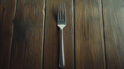 Simple metal fork placed on a rustic wooden table for dining preparation