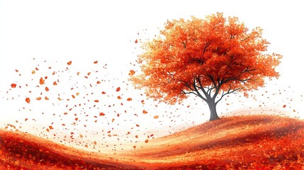 Autumn background with an autumn tree and leaves blowing in the wind illustration, white background, clip art style, fall colors, autumn leaves swirling