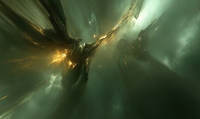 Abstract cosmic landscape, swirling nebula with golden accents, deep space exploration, vibrant colors, dark fantasy art.