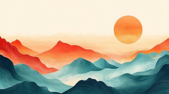 Asian American Heritage Month Abstract Design with Cherry Tree Waves and Sunset