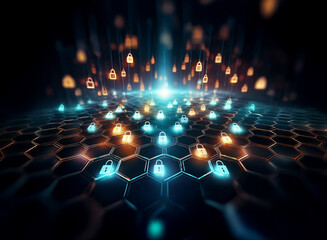 Abstract digital art depicting a network of glowing blue and orange padlocks arranged in a hexagonal pattern, symbolizing cybersecurity and data protection.  The locks appear to be floating and connec