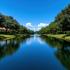 Fototapeta premium A serene landscape featuring a calm river surrounded by lush greenery under a clear blue sky.