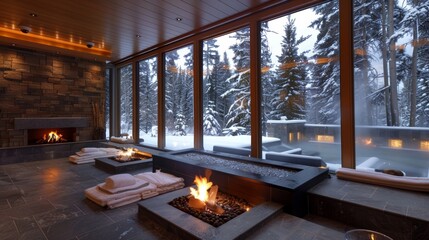 Large windows offer a stunning view of the snowy landscape outside while the crackling fire inside...