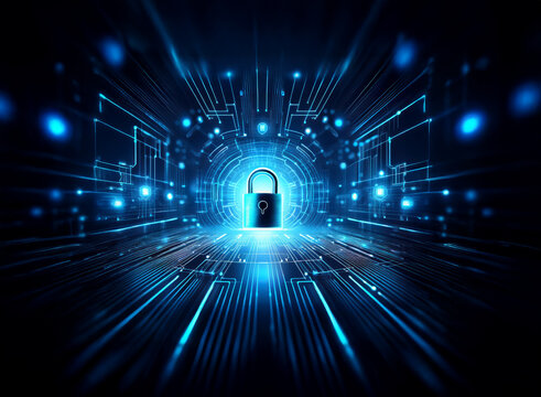 A glowing blue padlock sits at the center of a futuristic, digital tunnel, symbolizing cybersecurity and data protection.  The image evokes a sense of security and technological advancement.