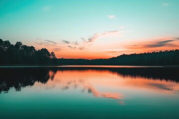 Obraz premium Serene lake at sunset reflecting colorful skies and trees.
