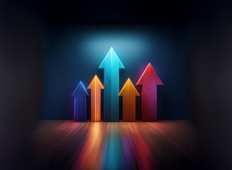 Glowing arrows ascend in a dark room, symbolizing growth and success.  Their vibrant colors and reflections on the wooden floor create a dynamic visual.